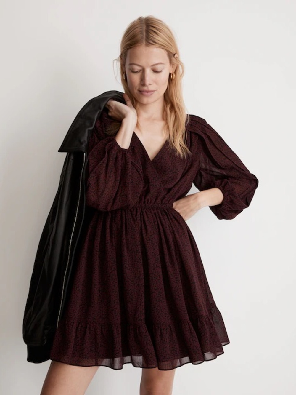 Madewell (Re)sourced Georgette Faux-Wrap Mini Dress Cabernet Ruffle Fall